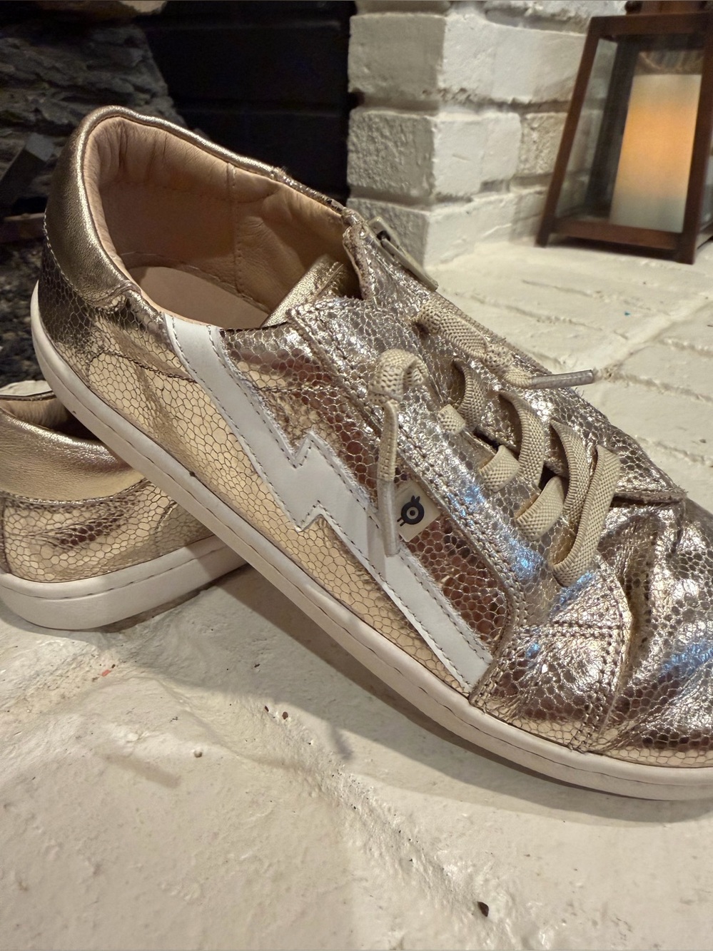 Girls Metallic Gold Lace-Up Sneakers with White Accent